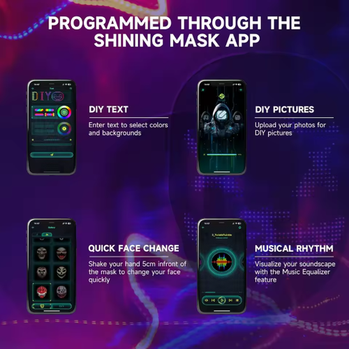 Pulsemask Pro app control - DIY text, DIY pictures, quick face change, musical rhythm