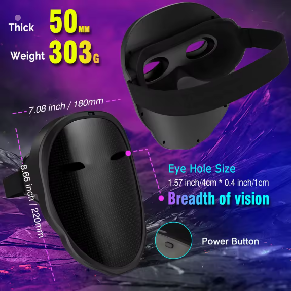 Pulsemask Pro dimensions, weight, eye hole size and power button